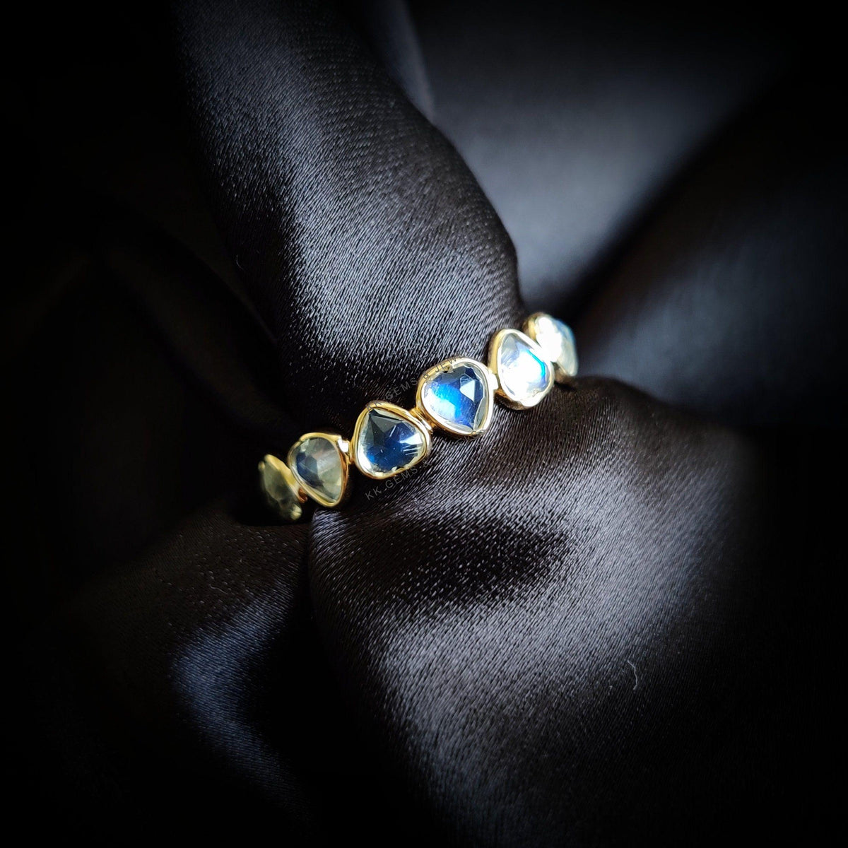 Natural Rainbow Moonstone Heart Ring, 14K Solid Yellow Gold Bezel Stackable Band, June Birthstone