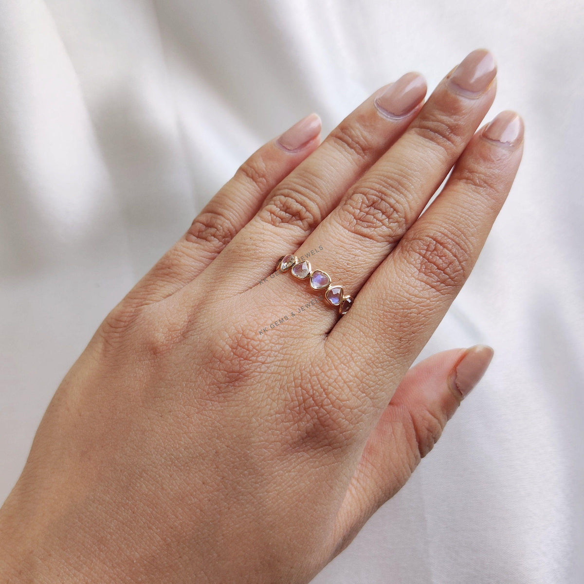 Natural Rainbow Moonstone Heart Ring, 14K Solid Yellow Gold Bezel Stackable Band, June Birthstone