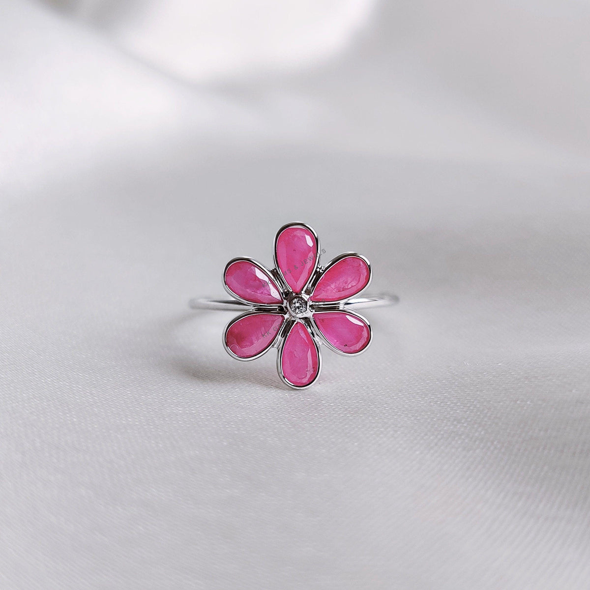 Natural Ruby & Diamond Flower Ring, 14K Solid White Gold, July Birthstone