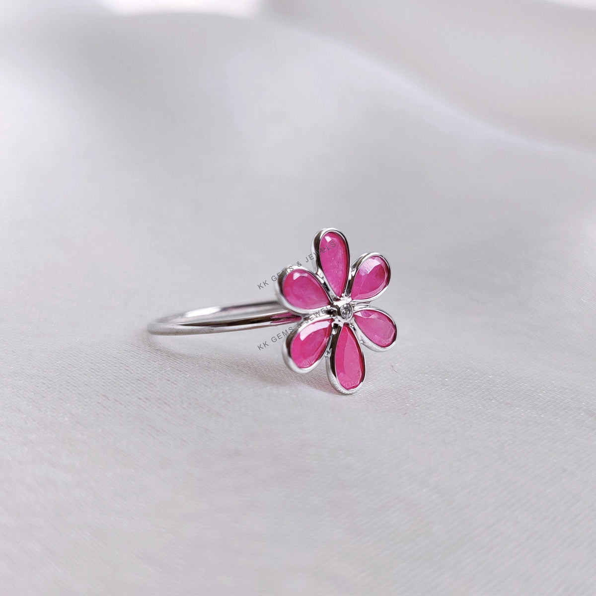Natural Ruby & Diamond Flower Ring, 14K Solid White Gold, July Birthstone