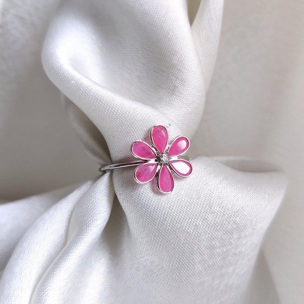 Natural Ruby & Diamond Flower Ring, 14K Solid White Gold, July Birthstone