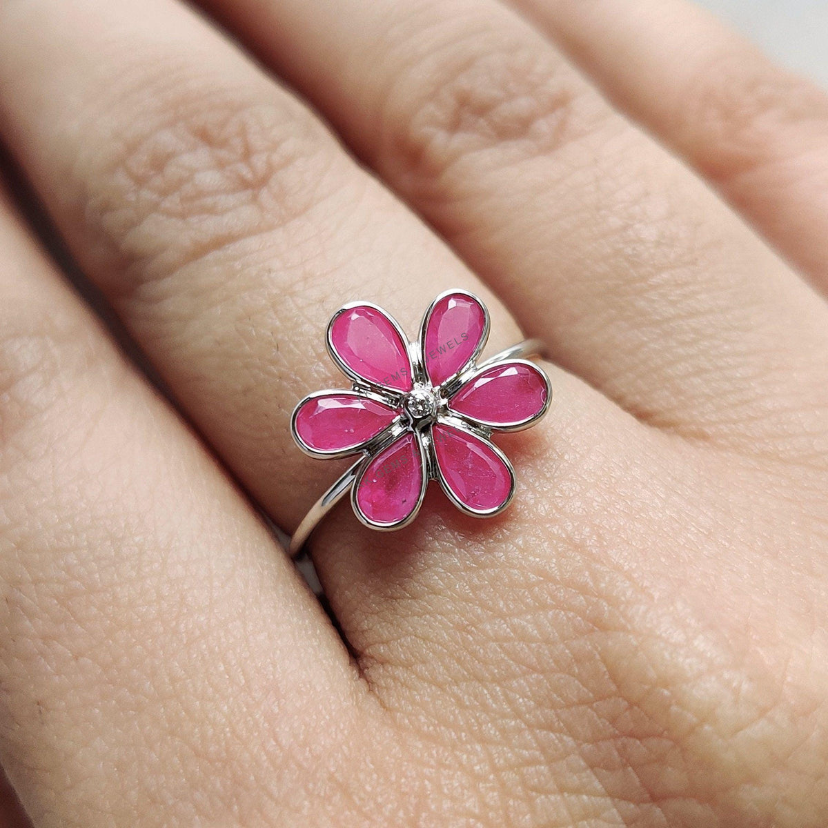Natural Ruby & Diamond Flower Ring, 14K Solid White Gold, July Birthstone
