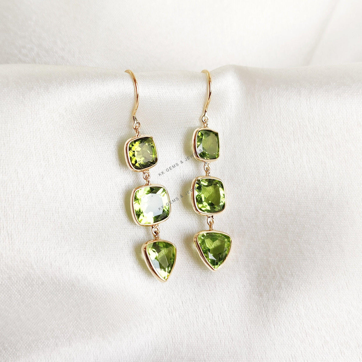14K Solid Gold Natural Peridot Dangle Earrings, August Birthstone Jewelry