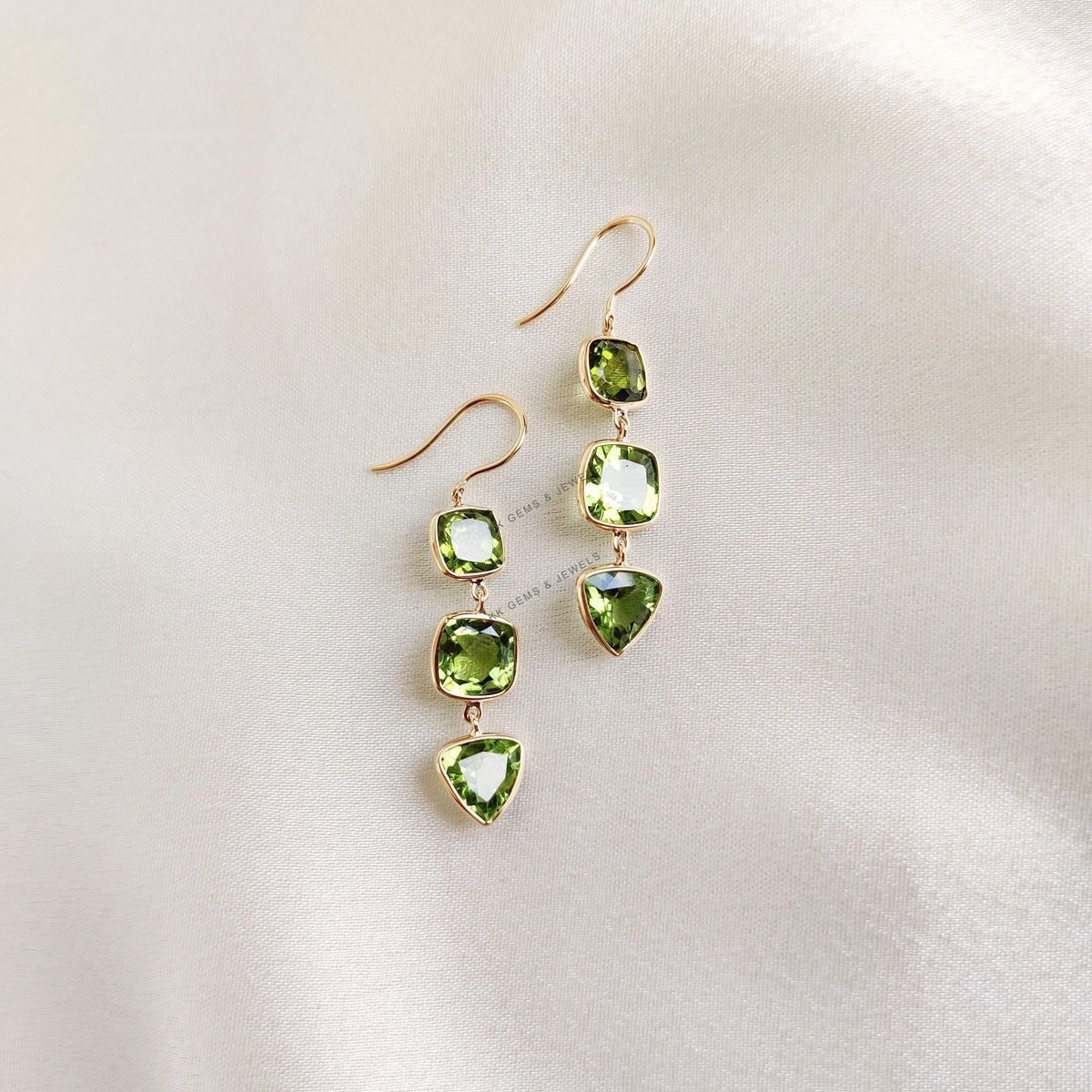 14K Solid Gold Natural Peridot Dangle Earrings, August Birthstone Jewelry
