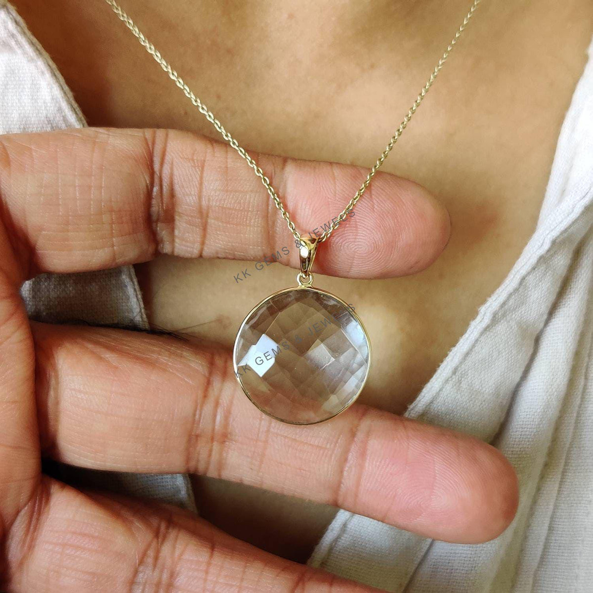 14K Solid Gold Natural Clear Quartz Round Briolette Pendant, April Birthstone