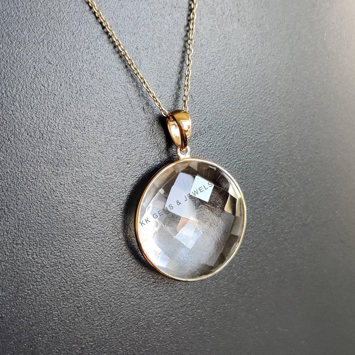 14K Solid Gold Natural Clear Quartz Round Briolette Pendant, April Birthstone