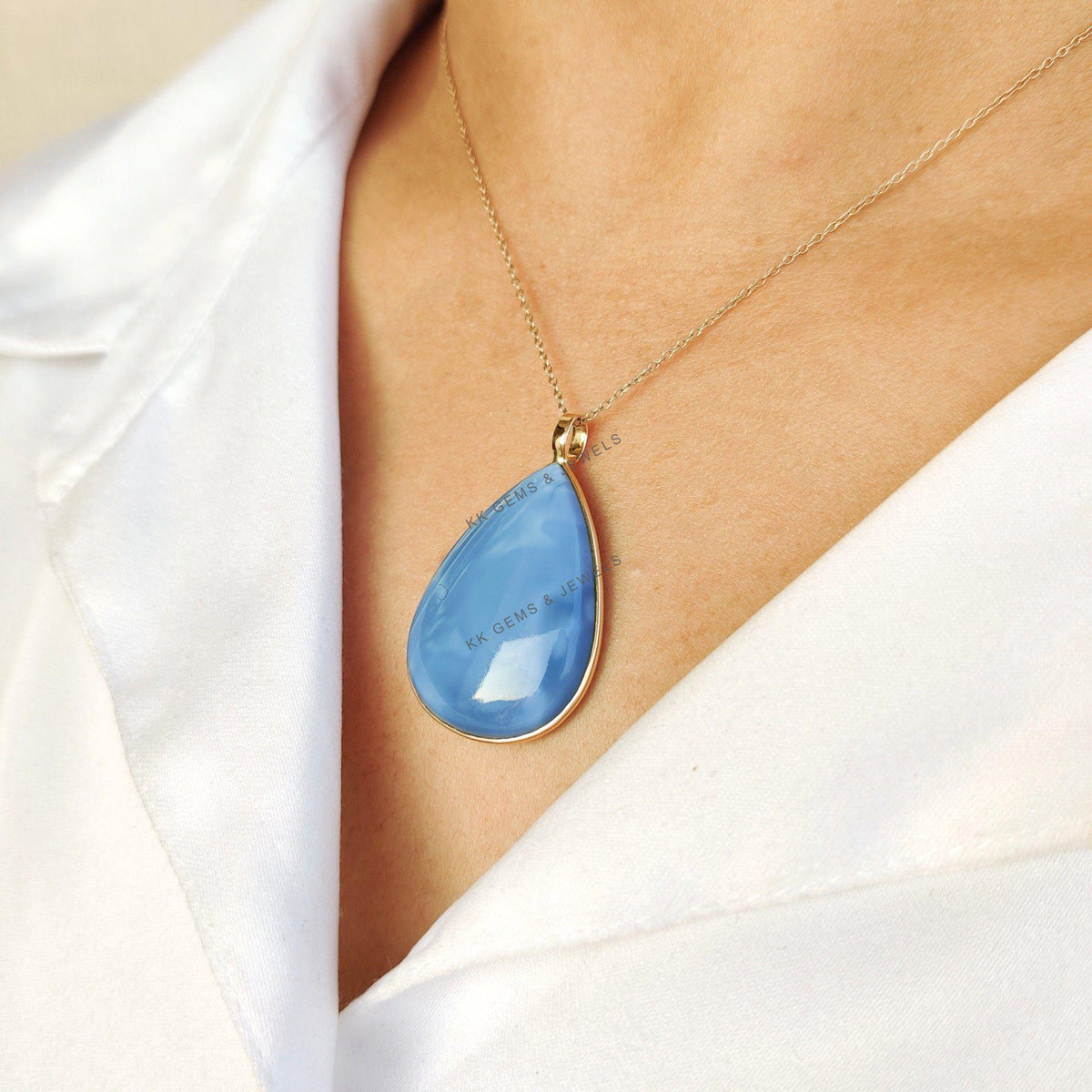 Natural Blue Opal Pendant, 14K Solid Yellow Gold Bezel Pendant, October Birthstone, Pear Pendant, Christmas Present, Natural Opal Jewelry