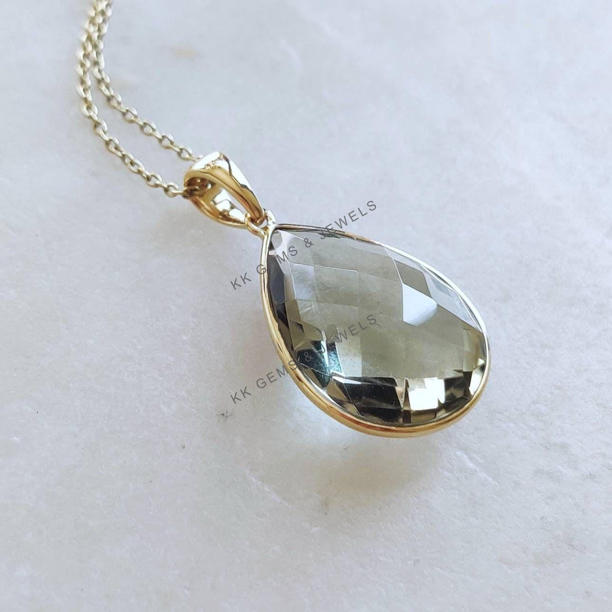 Pear Natural Green Amethyst Pendant, 14K Solid Yellow Gold Bezel Pendant, February Birthstone