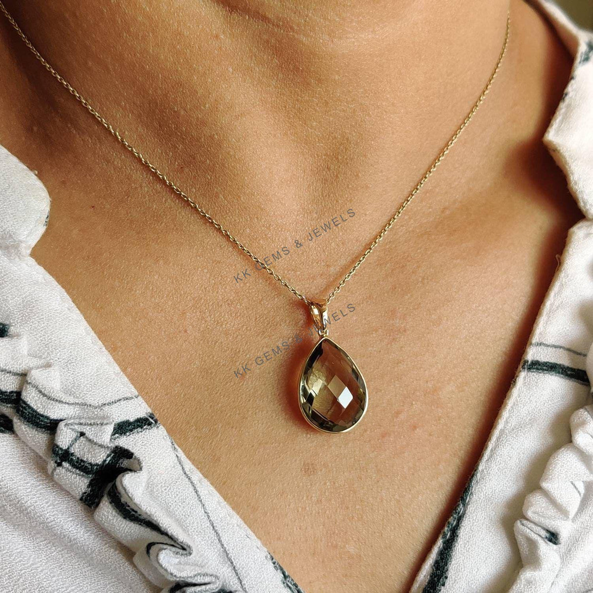 Pear Natural Green Amethyst Pendant, 14K Solid Yellow Gold Bezel Pendant, February Birthstone