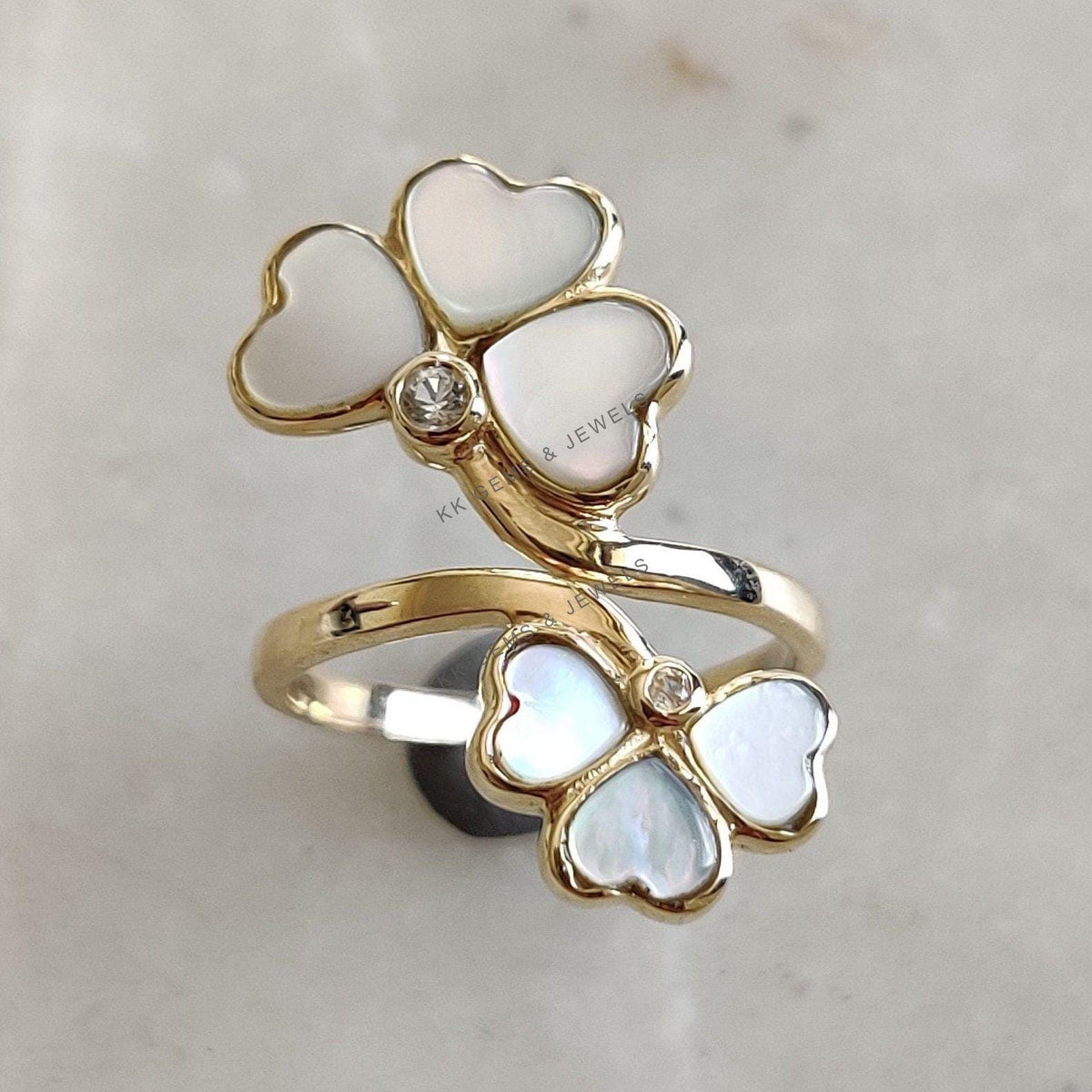 14K Solid Gold Natural Pearl & White Topaz Ring, Clover Statement Ring
