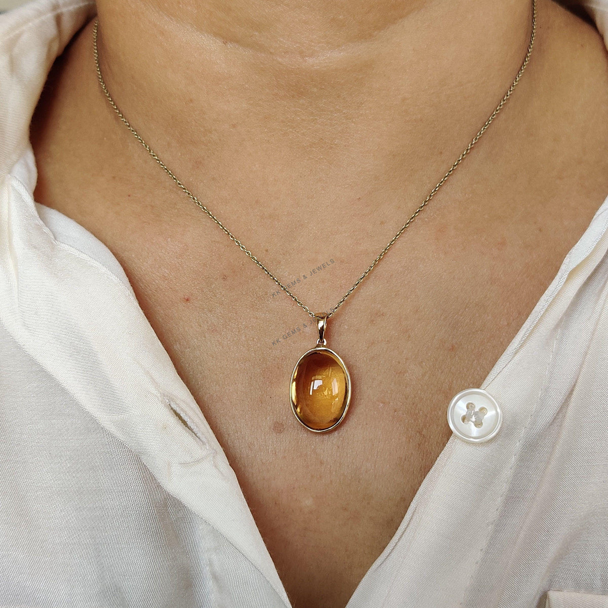 Natural Citrine Pendant, 14K Solid Yellow Gold Oval Bezel Pendant, November Birthstone