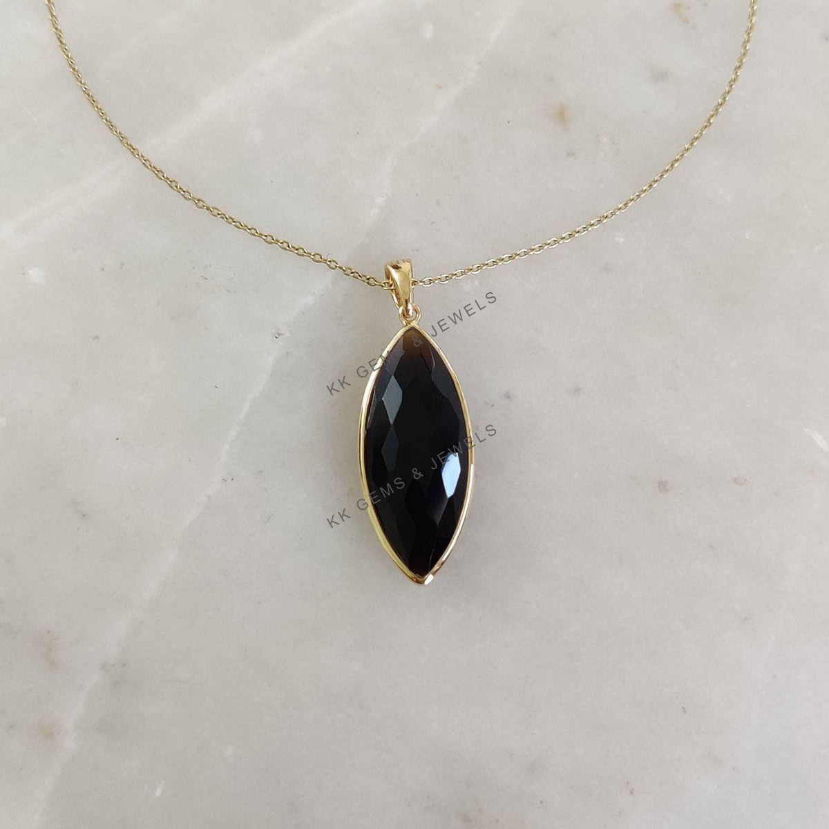 14K Solid Yellow Gold Natural Black Onyx Pendant, December Birthstone, Christmas Present