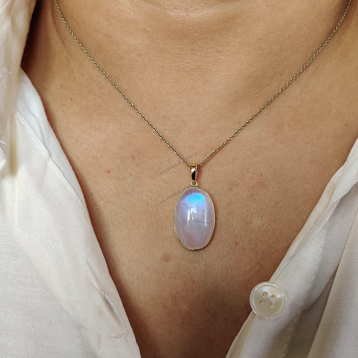 Natural Rainbow Moonstone 14K Solid Yellow Gold Pendant, June Birthstone