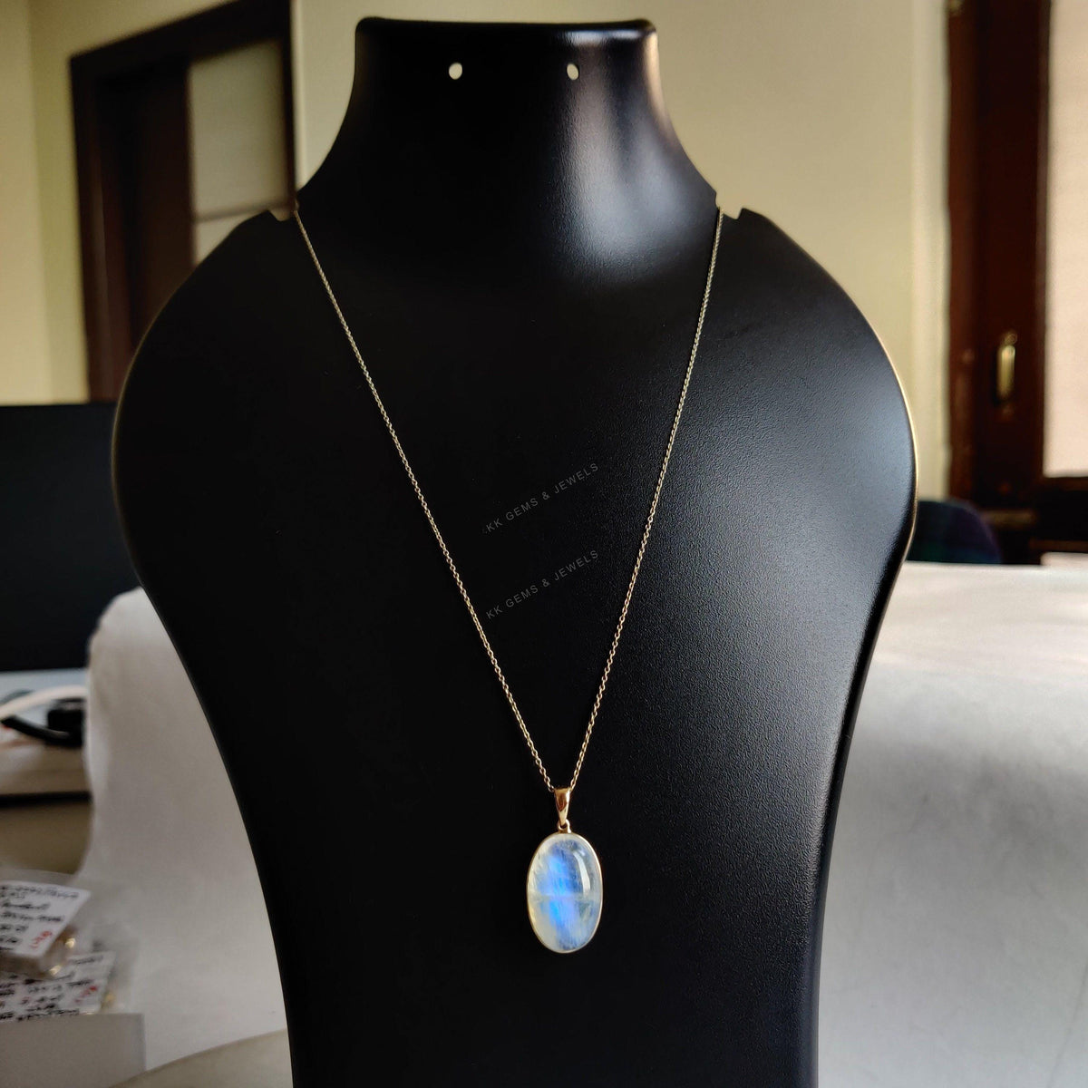 Natural Rainbow Moonstone 14K Solid Yellow Gold Pendant, June Birthstone