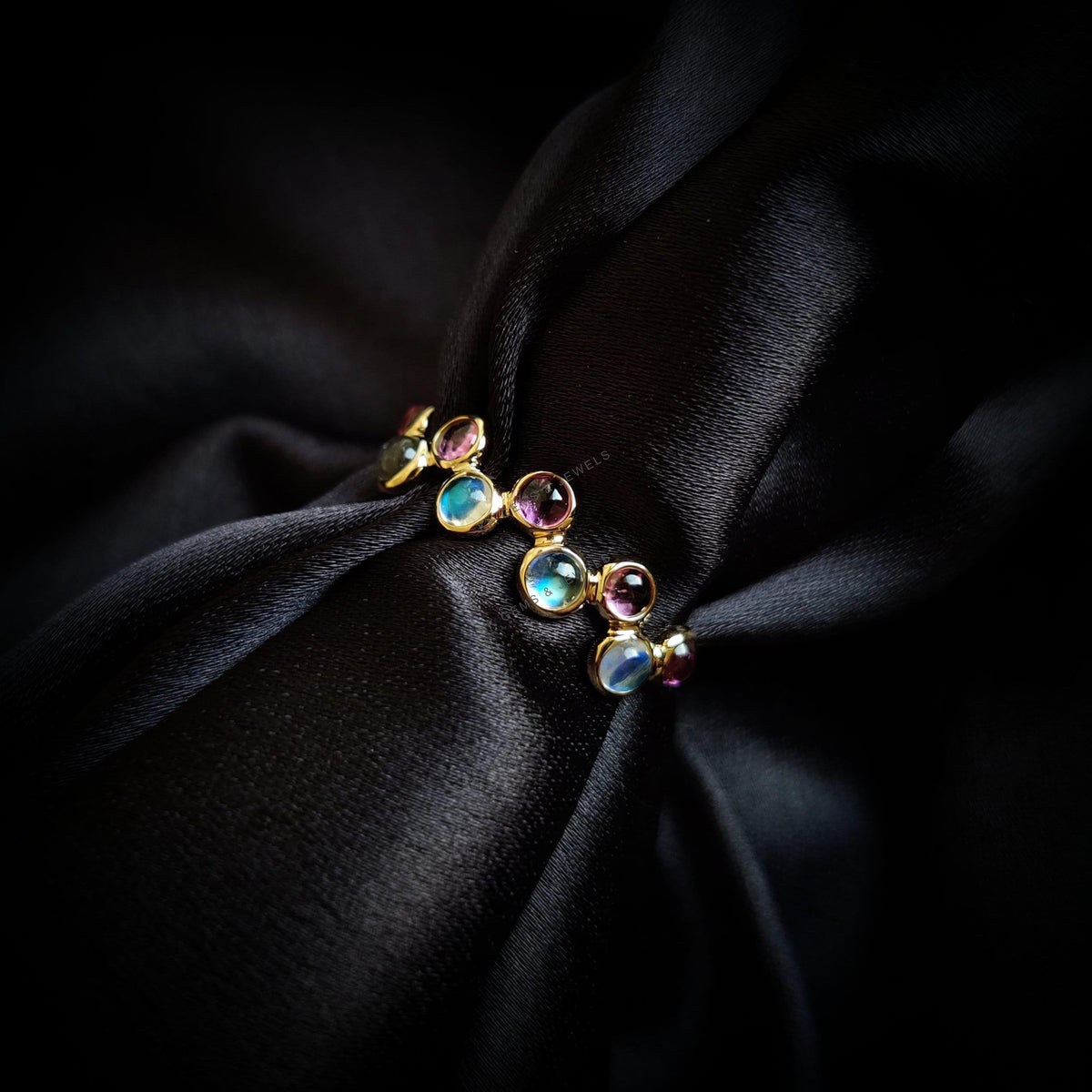 Natural Rainbow Moonstone & Pink Tourmaline Ring, 14K Solid Yellow Gold Bezel Ring