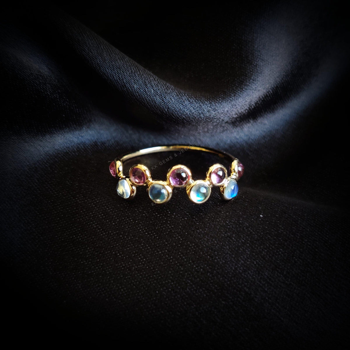 Natural Rainbow Moonstone & Pink Tourmaline Ring, 14K Solid Yellow Gold Bezel Ring