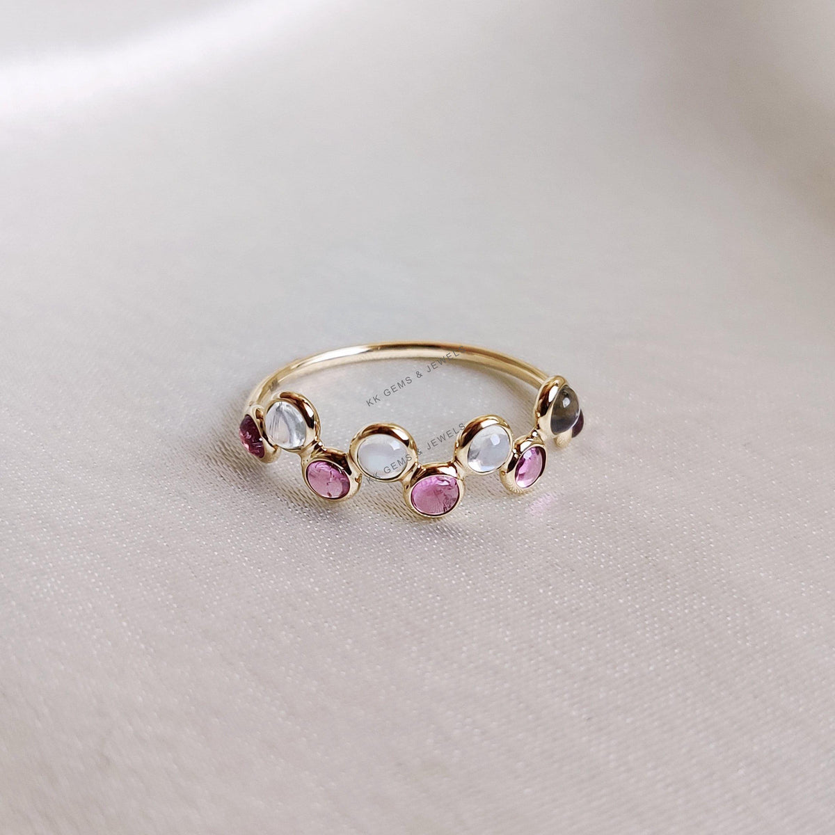 Natural Rainbow Moonstone & Pink Tourmaline Ring, 14K Solid Yellow Gold Bezel Ring