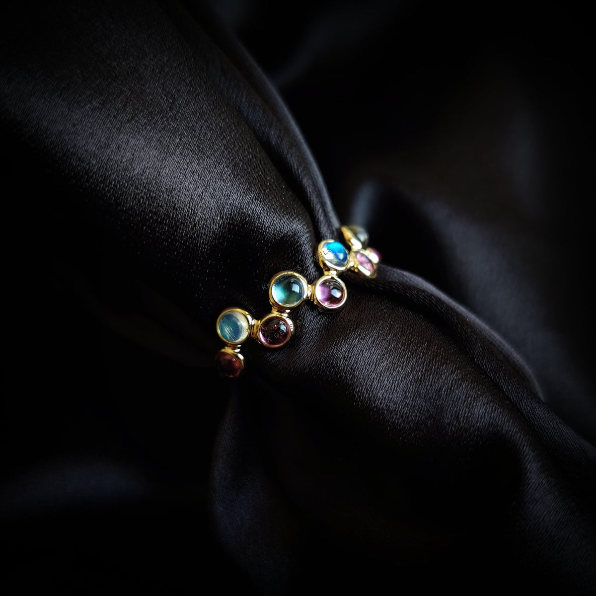 Natural Rainbow Moonstone & Pink Tourmaline Ring, 14K Solid Yellow Gold Bezel Ring