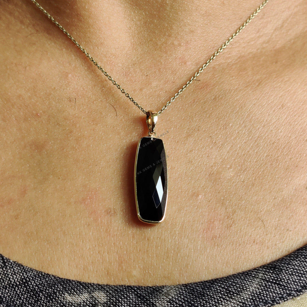 14K Solid Yellow Gold Natural Black Onyx Pendant, Bezel Pendant, December Birthstone, Anniversary Gift