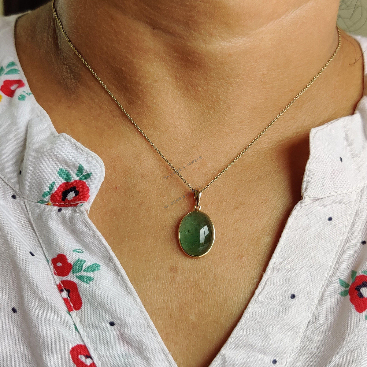 14K Solid Yellow Gold Natural Green Aventurine Pendant - August Birthstone Jewelry, Christmas Present
