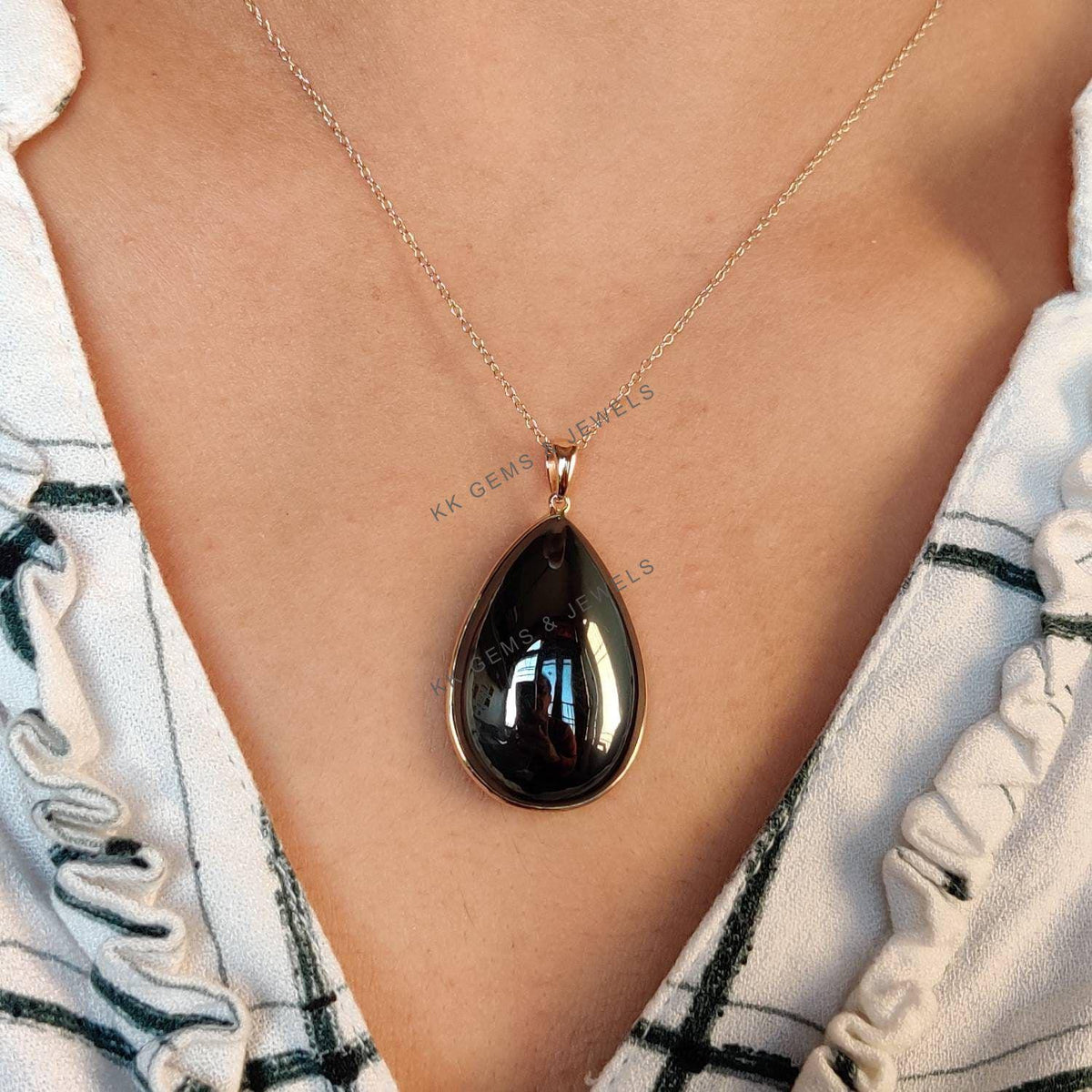 14K Solid Yellow Gold Natural Hematite Pear Bezel Pendant, March Birthstone