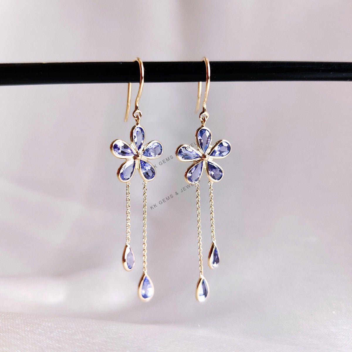 14K Solid Gold Natural Tanzanite Flower Earrings, December Birthstone