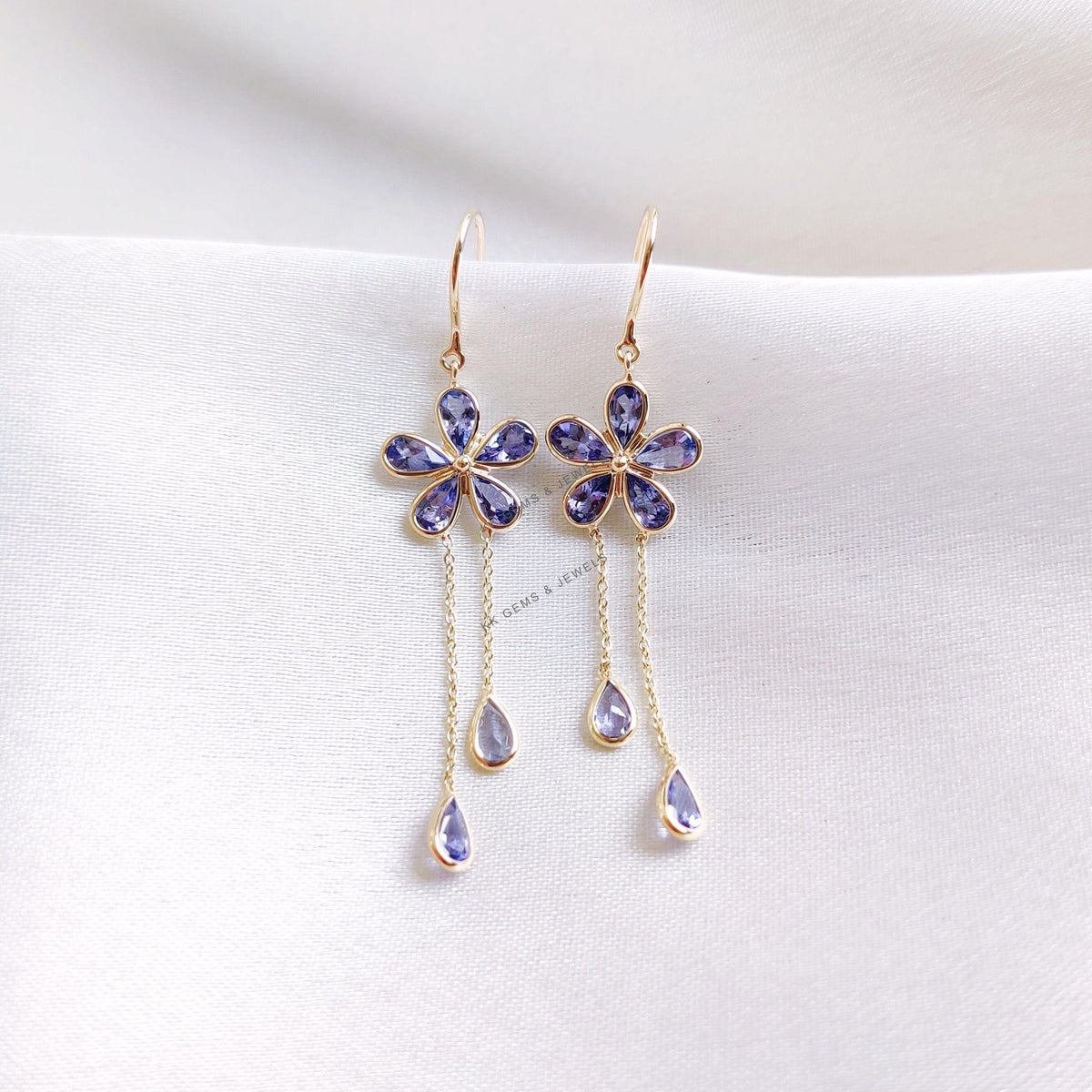 14K Solid Gold Natural Tanzanite Flower Earrings, December Birthstone