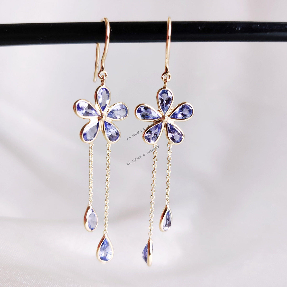 14K Solid Gold Natural Tanzanite Flower Earrings, December Birthstone