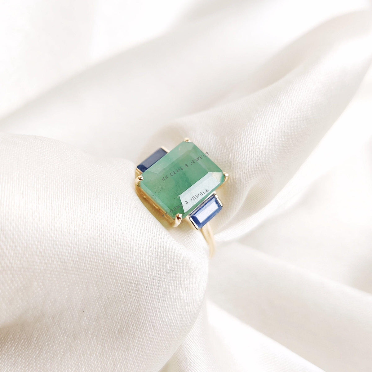 Natural Emerald & Blue Sapphire Ring, 14K Solid Yellow Gold, Octagon Gemstone