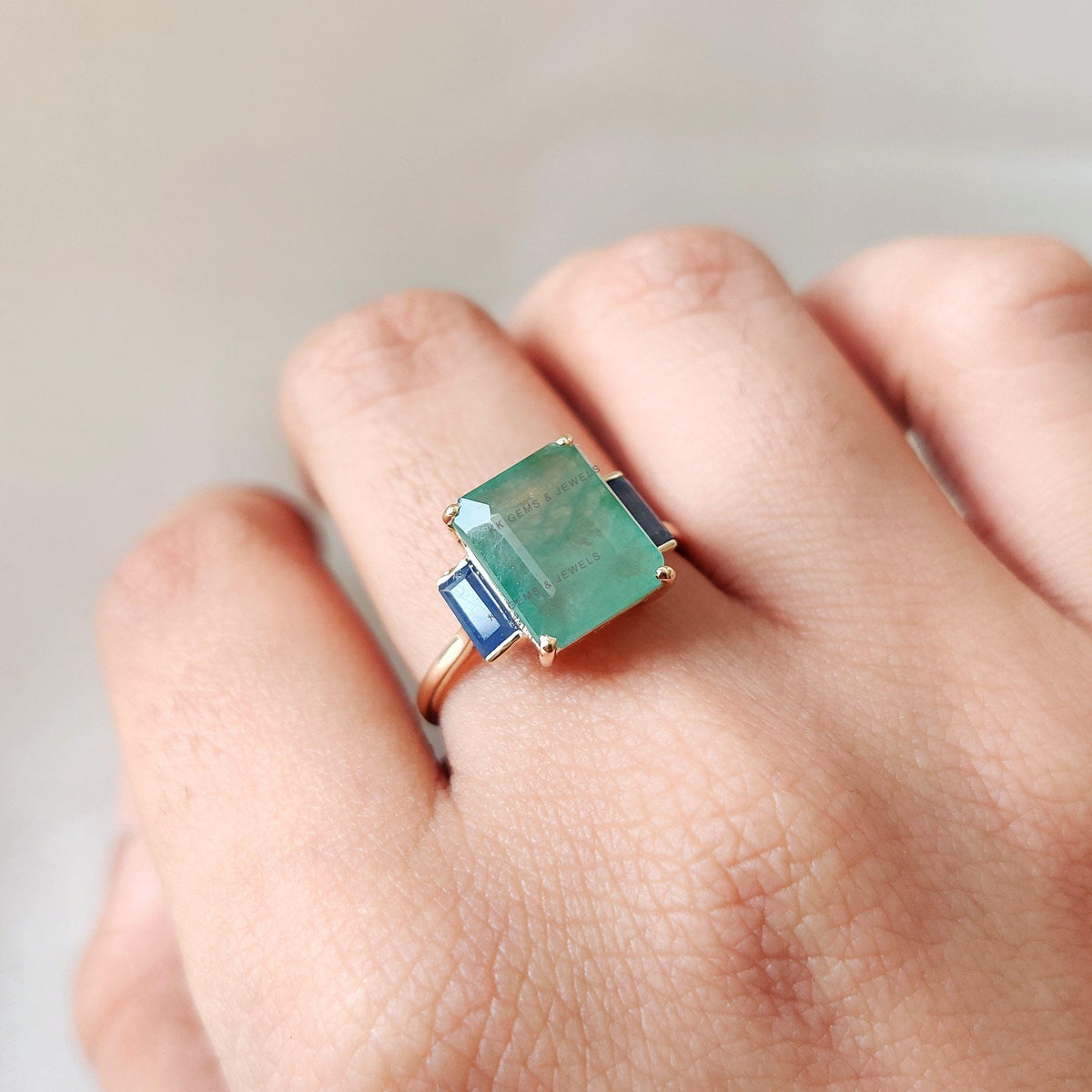 Natural Emerald & Blue Sapphire Ring, 14K Solid Yellow Gold, Octagon Gemstone