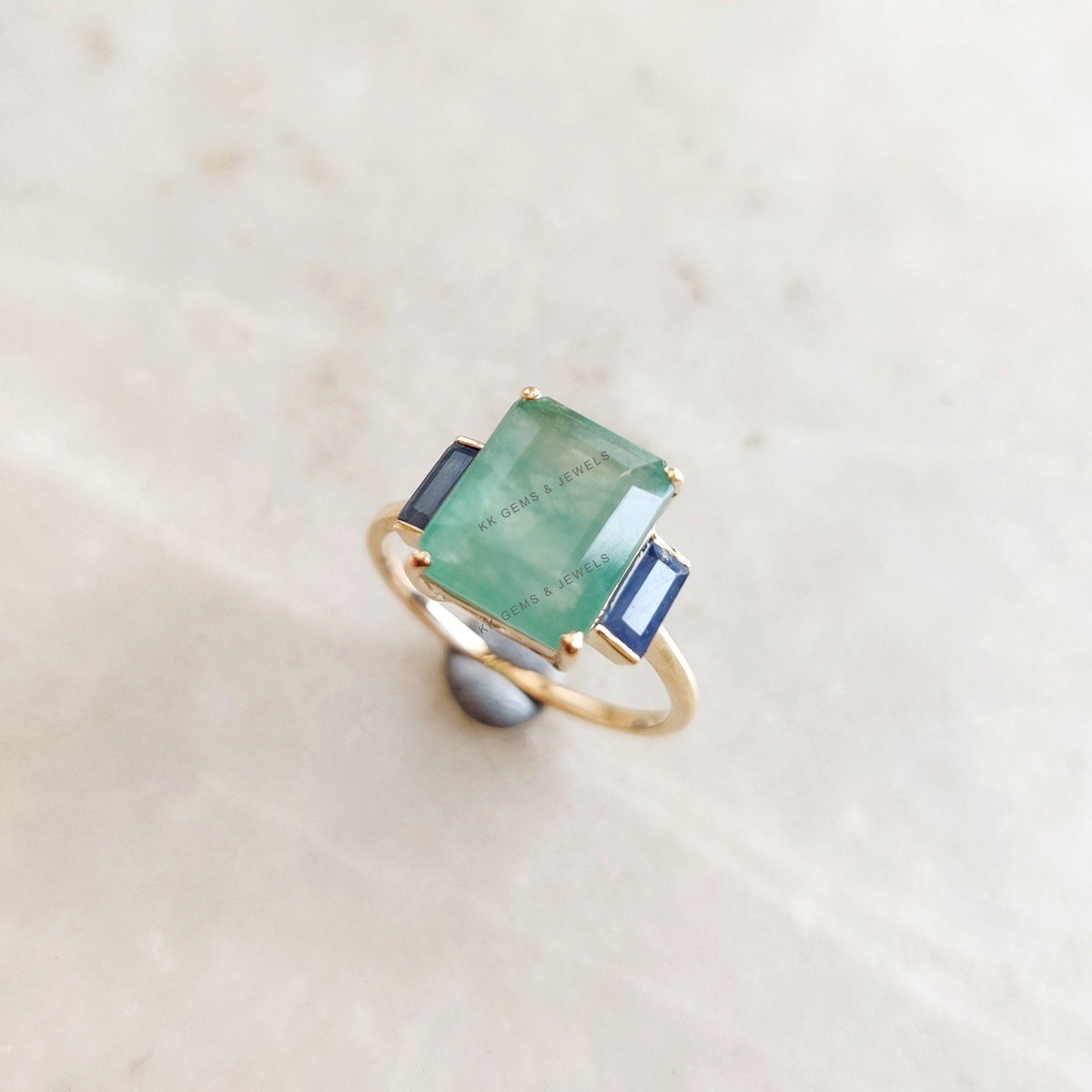 Natural Emerald & Blue Sapphire Ring, 14K Solid Yellow Gold, Octagon Gemstone
