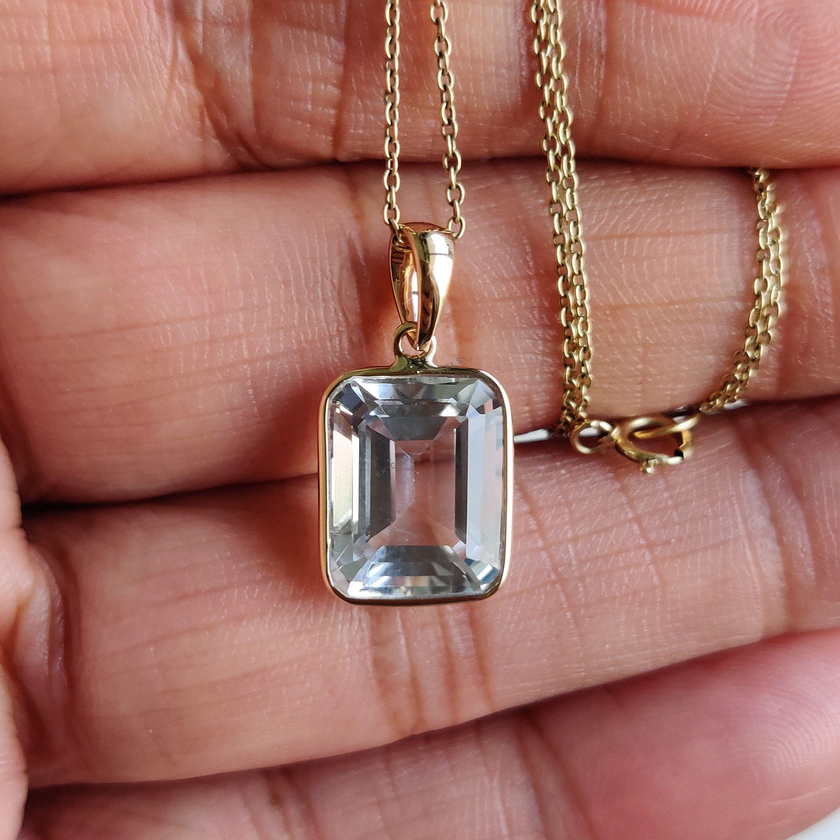 14K Solid Yellow Gold Natural Clear Quartz Pendant, April Birthstone, Octagon Pendant