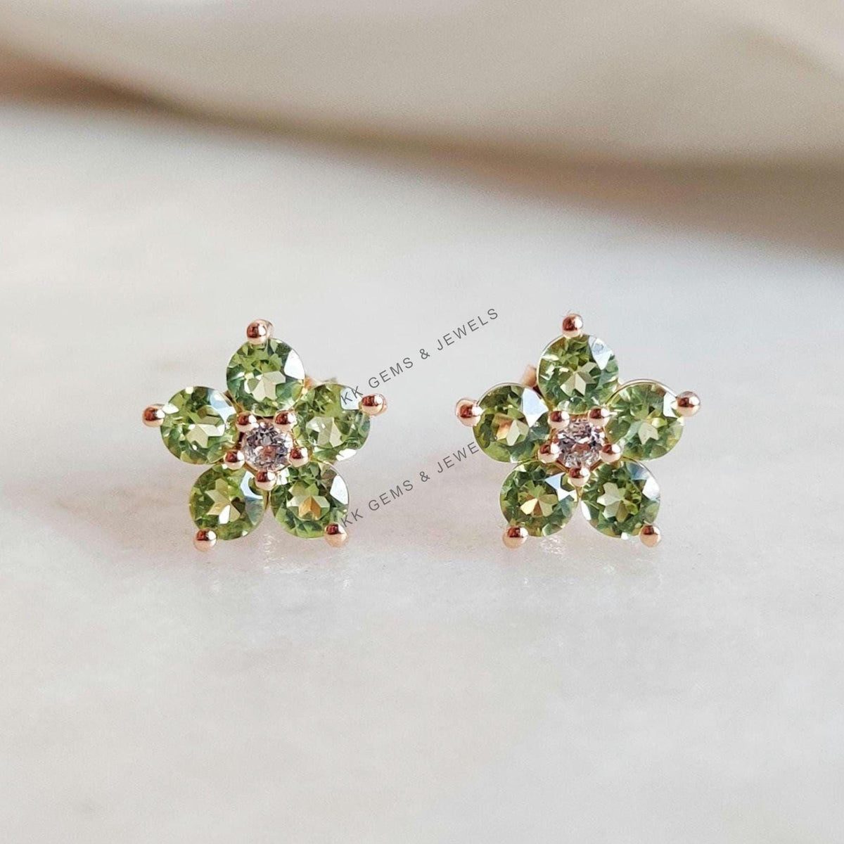 14K Solid Yellow Gold Natural Peridot & White Topaz Flower Studs, August Birthstone, Christmas Gift