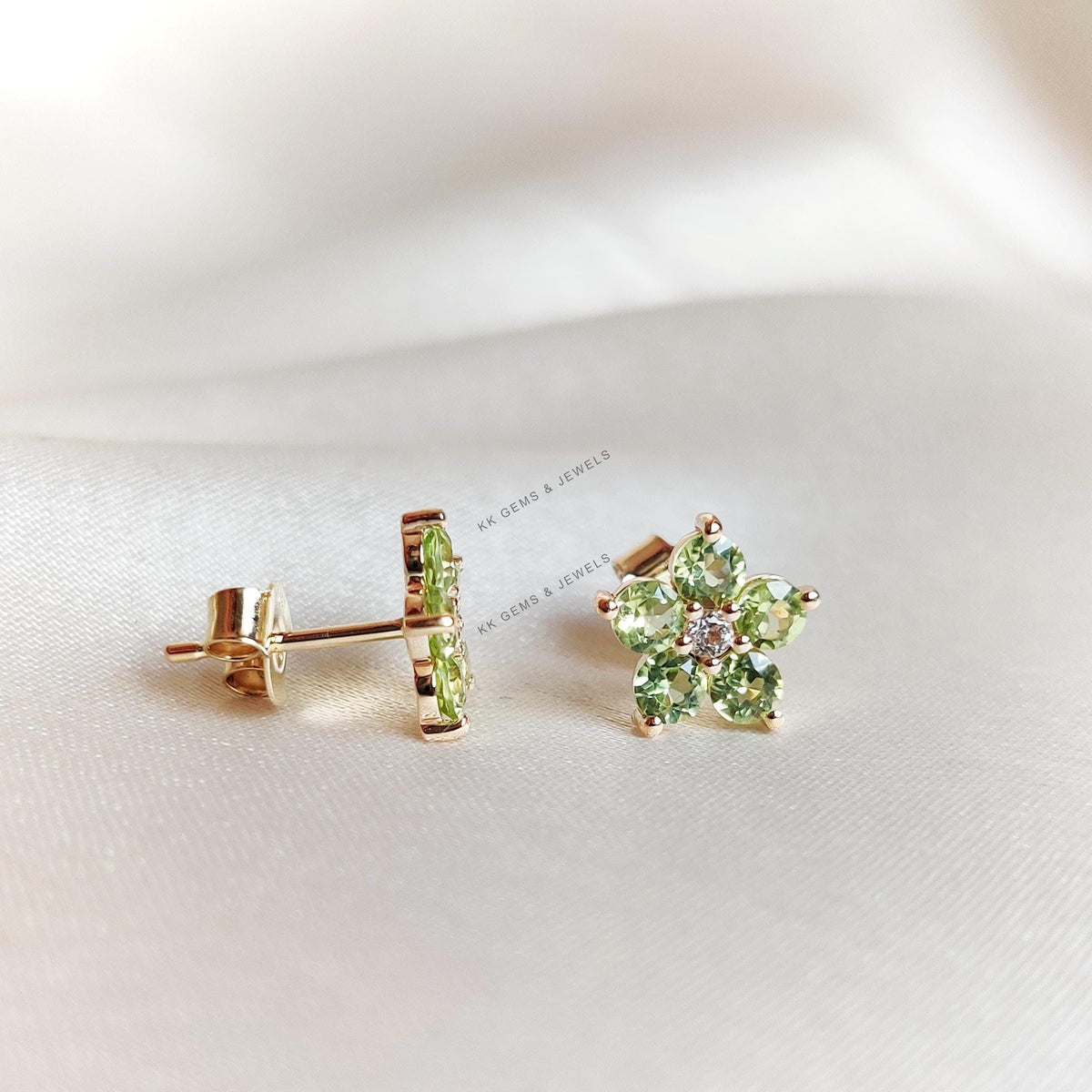 14K Solid Yellow Gold Natural Peridot & White Topaz Flower Studs, August Birthstone, Christmas Gift
