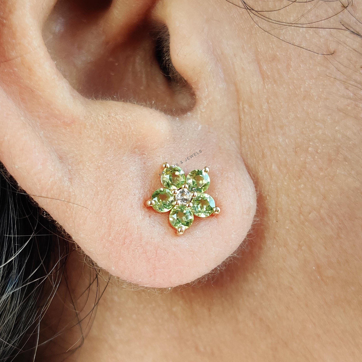 14K Solid Yellow Gold Natural Peridot & White Topaz Flower Studs, August Birthstone, Christmas Gift