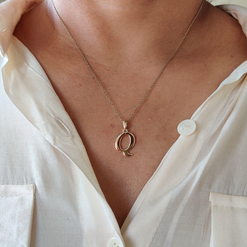 14K Solid Gold Initial Q Pendant, Personalized Charm