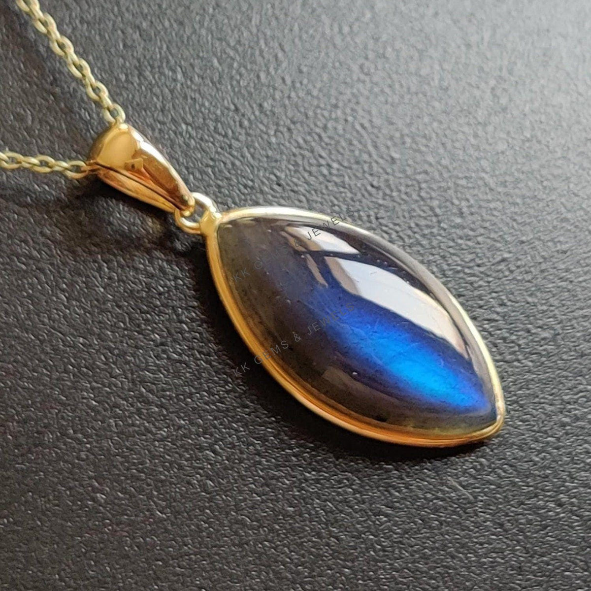 Natural Labradorite Pendant, 14K Solid Yellow Gold Bezel, Marquise Cabochon