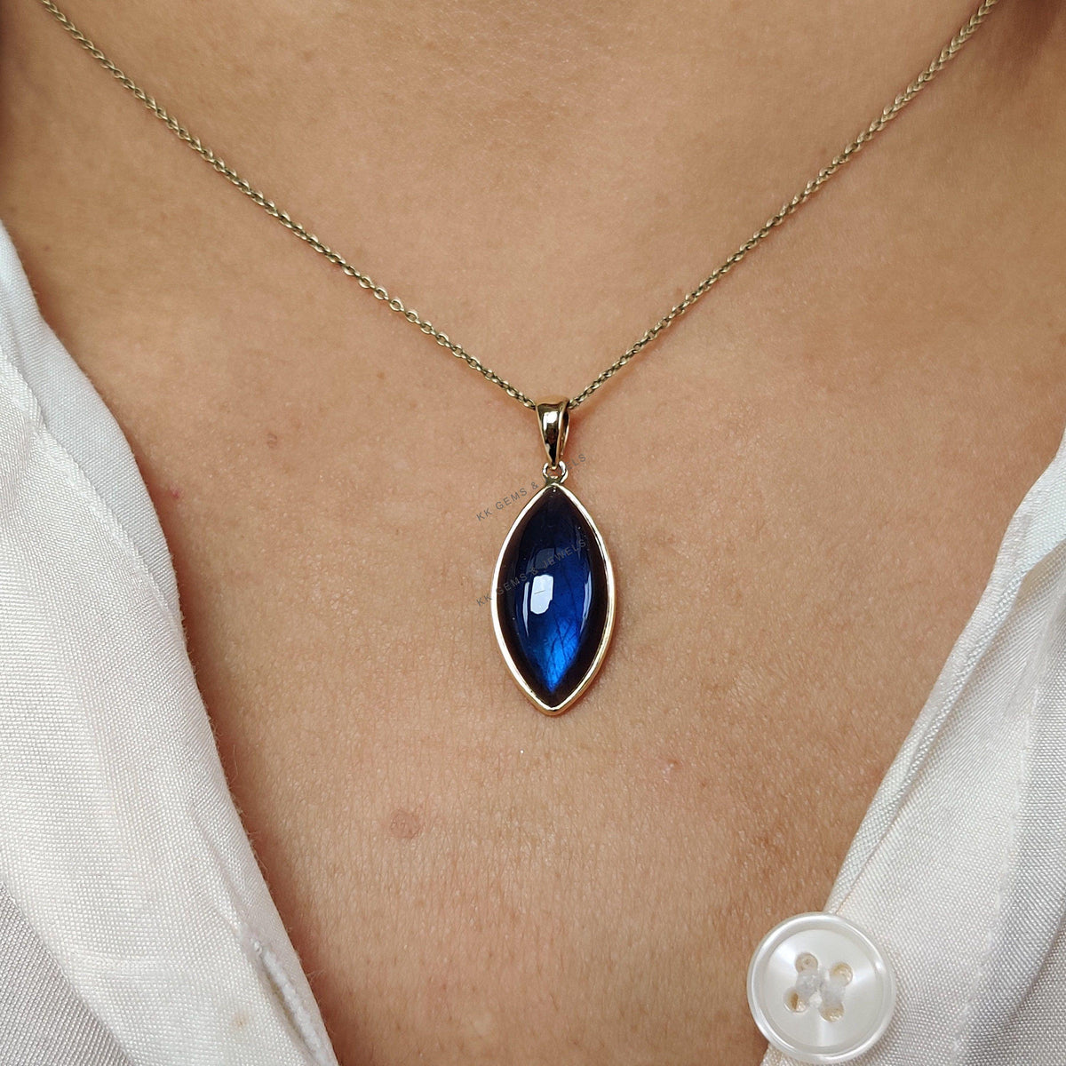 Natural Labradorite Pendant, 14K Solid Yellow Gold Bezel, Marquise Cabochon
