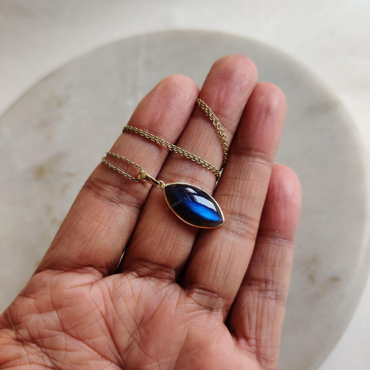 Natural Labradorite Pendant, 14K Solid Yellow Gold Bezel, Marquise Cabochon