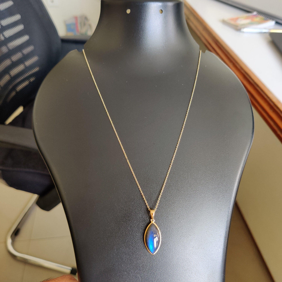 Natural Labradorite Pendant, 14K Solid Yellow Gold Bezel, Marquise Cabochon