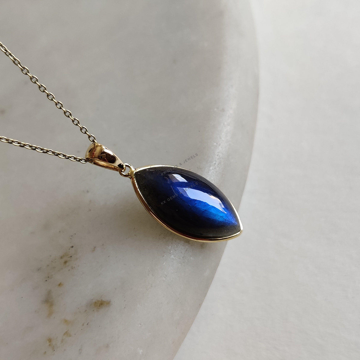 Natural Labradorite Pendant, 14K Solid Yellow Gold Bezel, Marquise Cabochon
