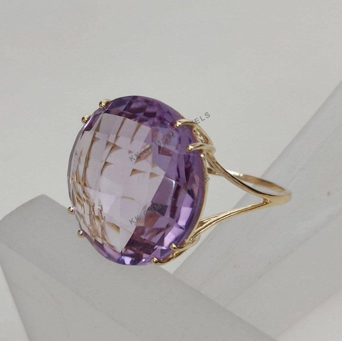 14K Solid Gold Natural Pink Amethyst Ring: Round Briolette February Birthstone