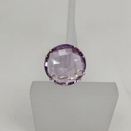 14K Solid Gold Natural Pink Amethyst Ring: Round Briolette February Birthstone