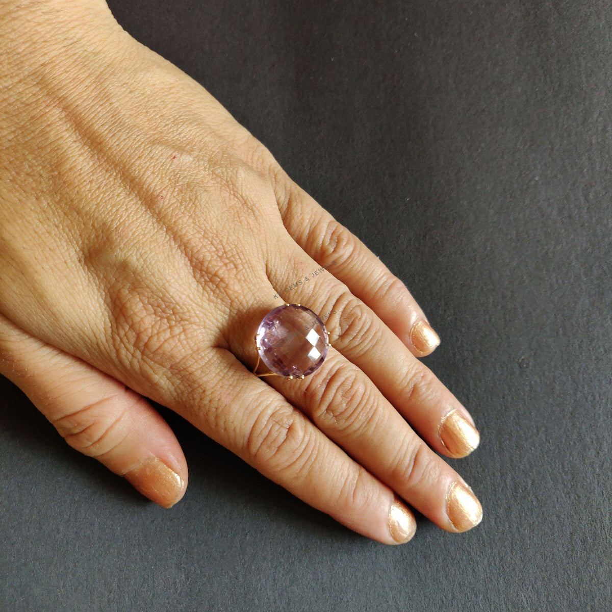 14K Solid Gold Natural Pink Amethyst Ring: Round Briolette February Birthstone