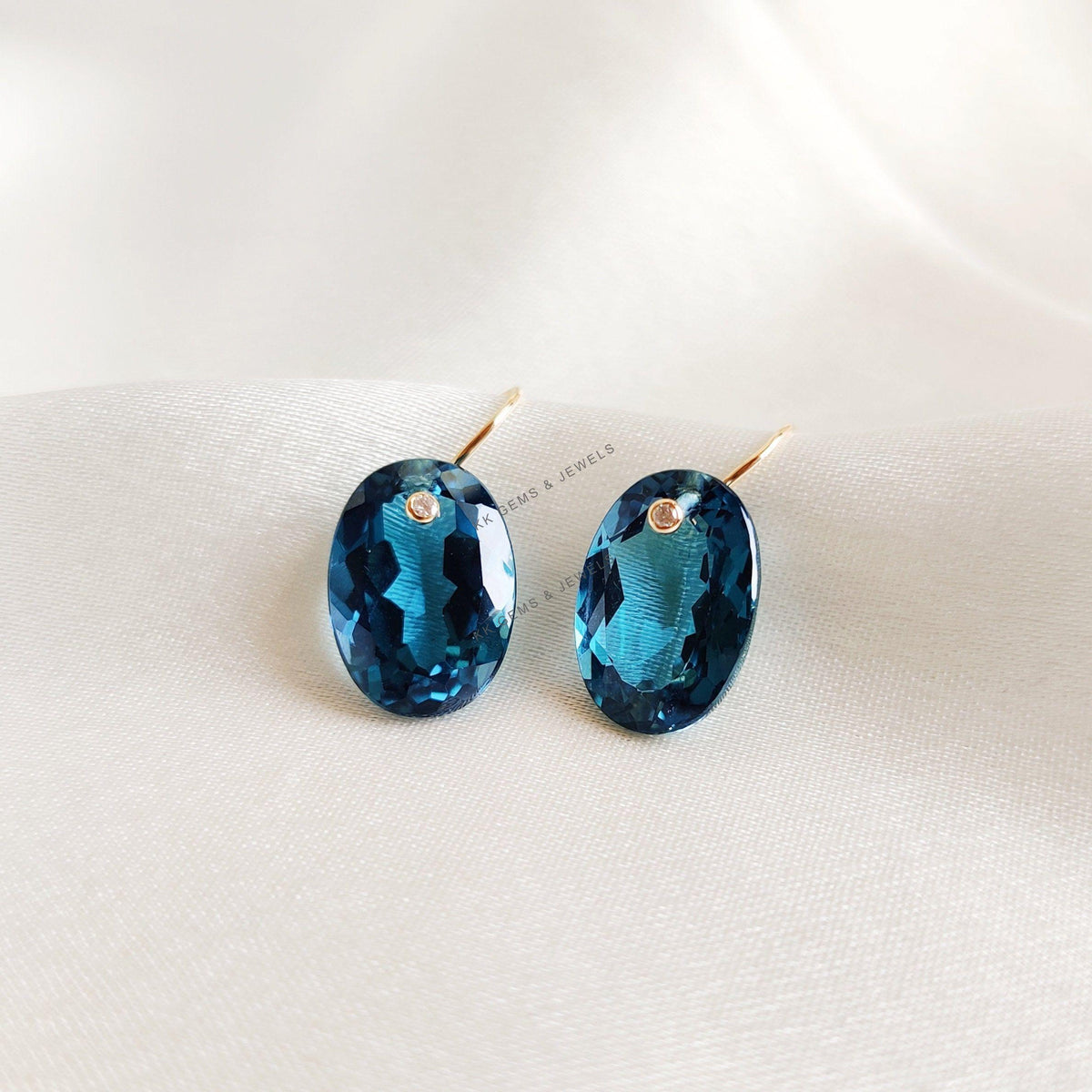 Natural London Blue Topaz & Diamond Earrings, 14K Solid Yellow Gold Earrings, December Birthstone