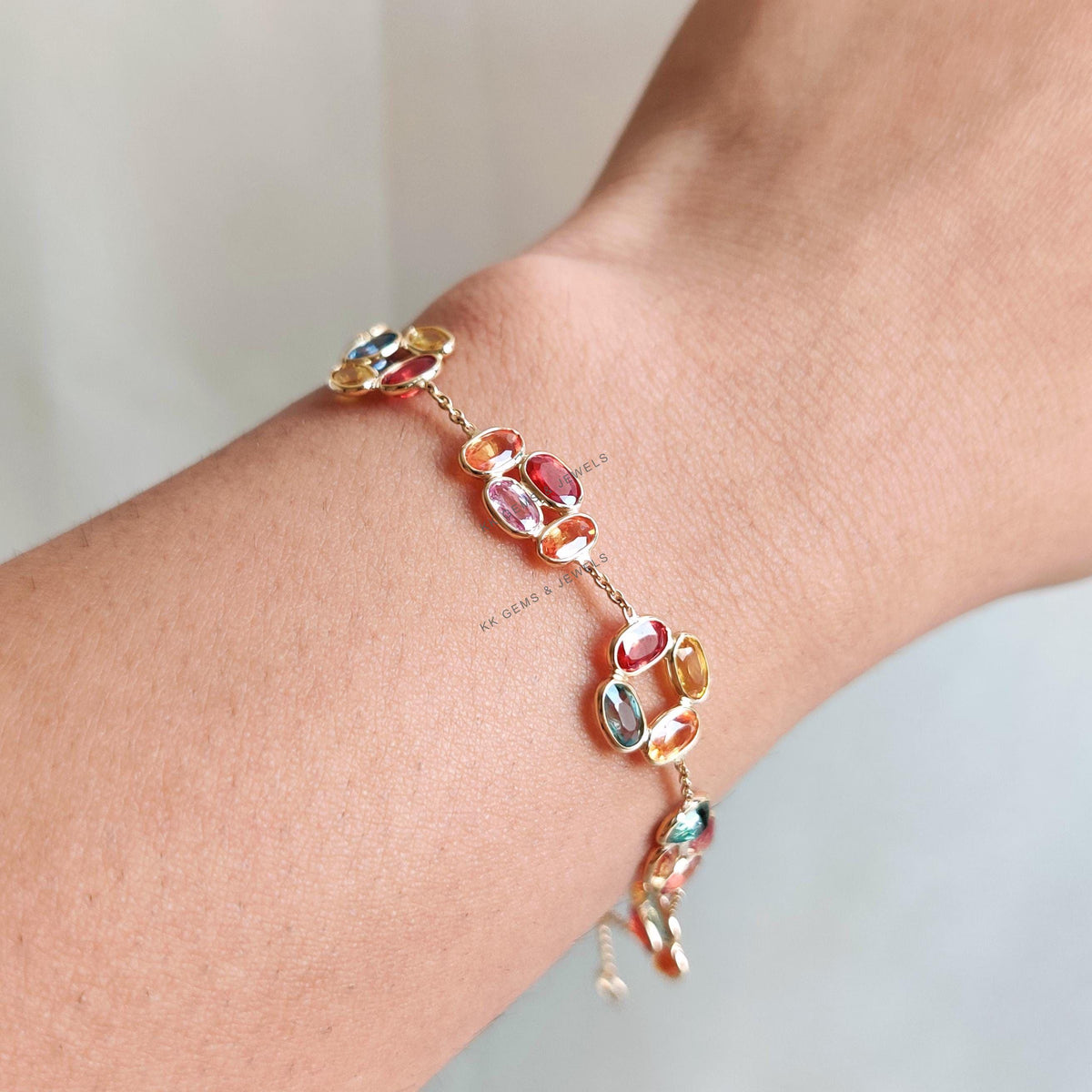 14K Solid Yellow Gold Natural Multi Sapphire Bracelet, September Birthstone