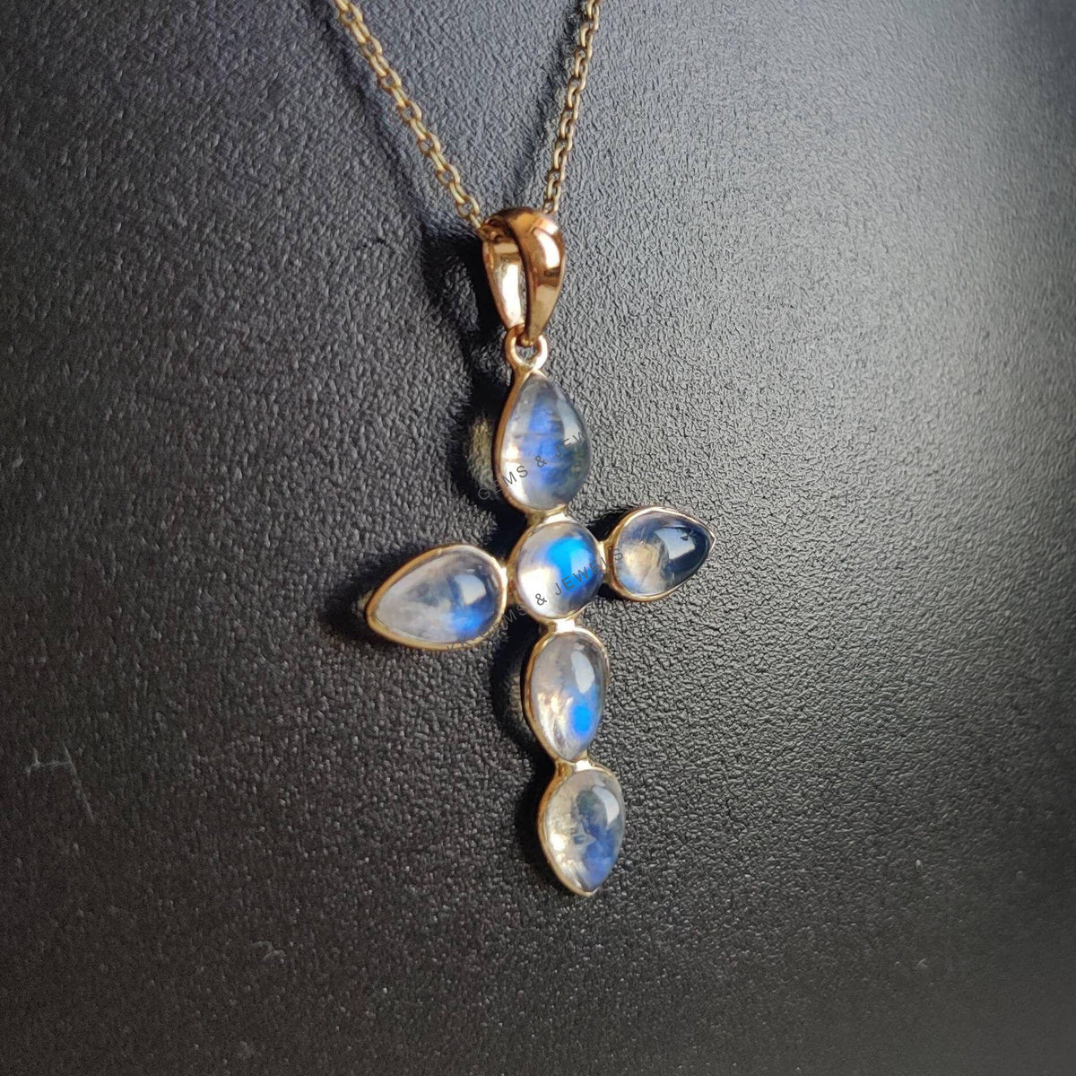 Natural Rainbow Moonstone Cross Pendant, 14K Solid Yellow Gold, June Birthstone Christmas Gift