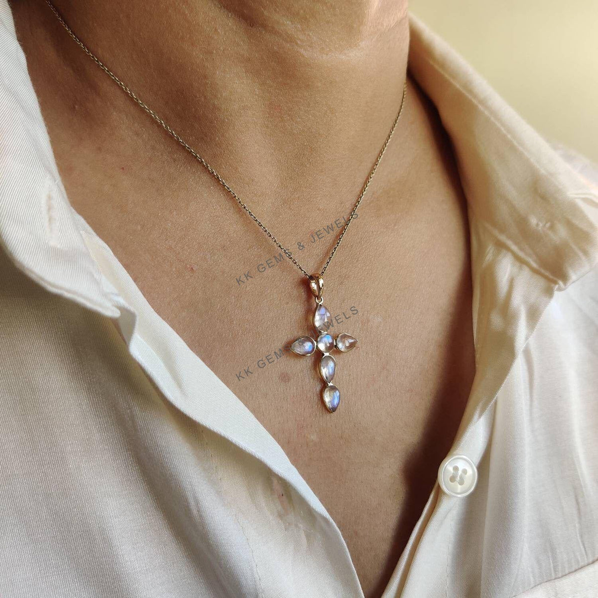 Natural Rainbow Moonstone Cross Pendant, 14K Solid Yellow Gold, June Birthstone Christmas Gift