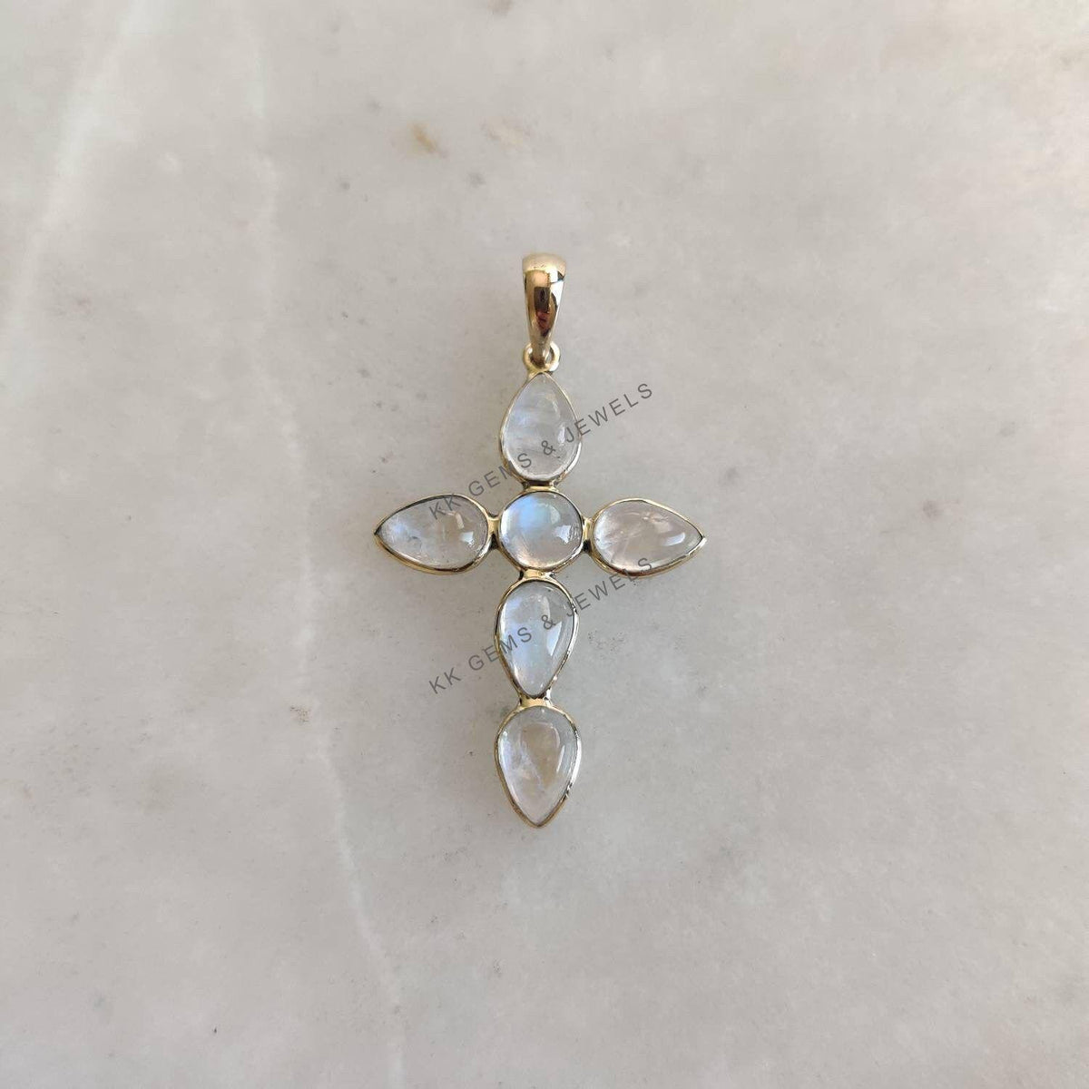 Natural Rainbow Moonstone Cross Pendant, 14K Solid Yellow Gold, June Birthstone Christmas Gift