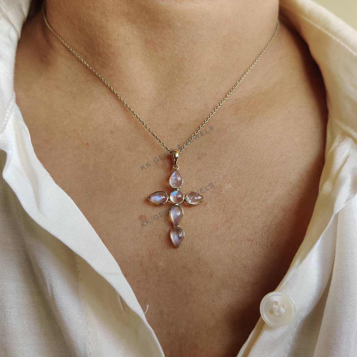 Natural Rainbow Moonstone Cross Pendant, 14K Solid Yellow Gold, June Birthstone Christmas Gift